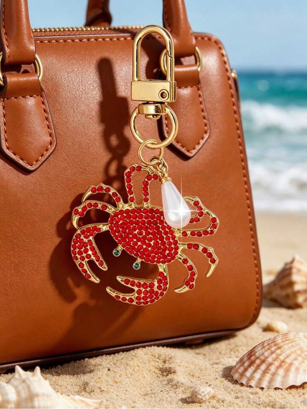 Gold-Tone Red Crystal Crab Bag Charm with Pearl Accent - Picture 3 of 8